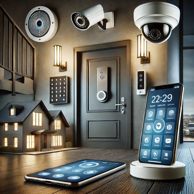 AI powered security cameras with live feed on a smartphone screen, symbolizing smart home protection