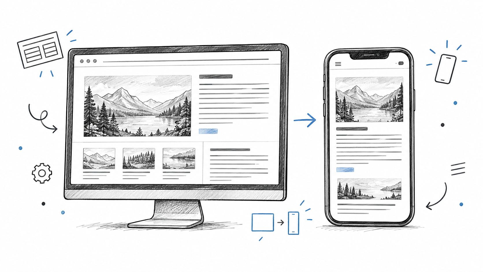 A hand-drawn illustration showing a website layout responsive from desktop computer monitor to mobile phone screen.