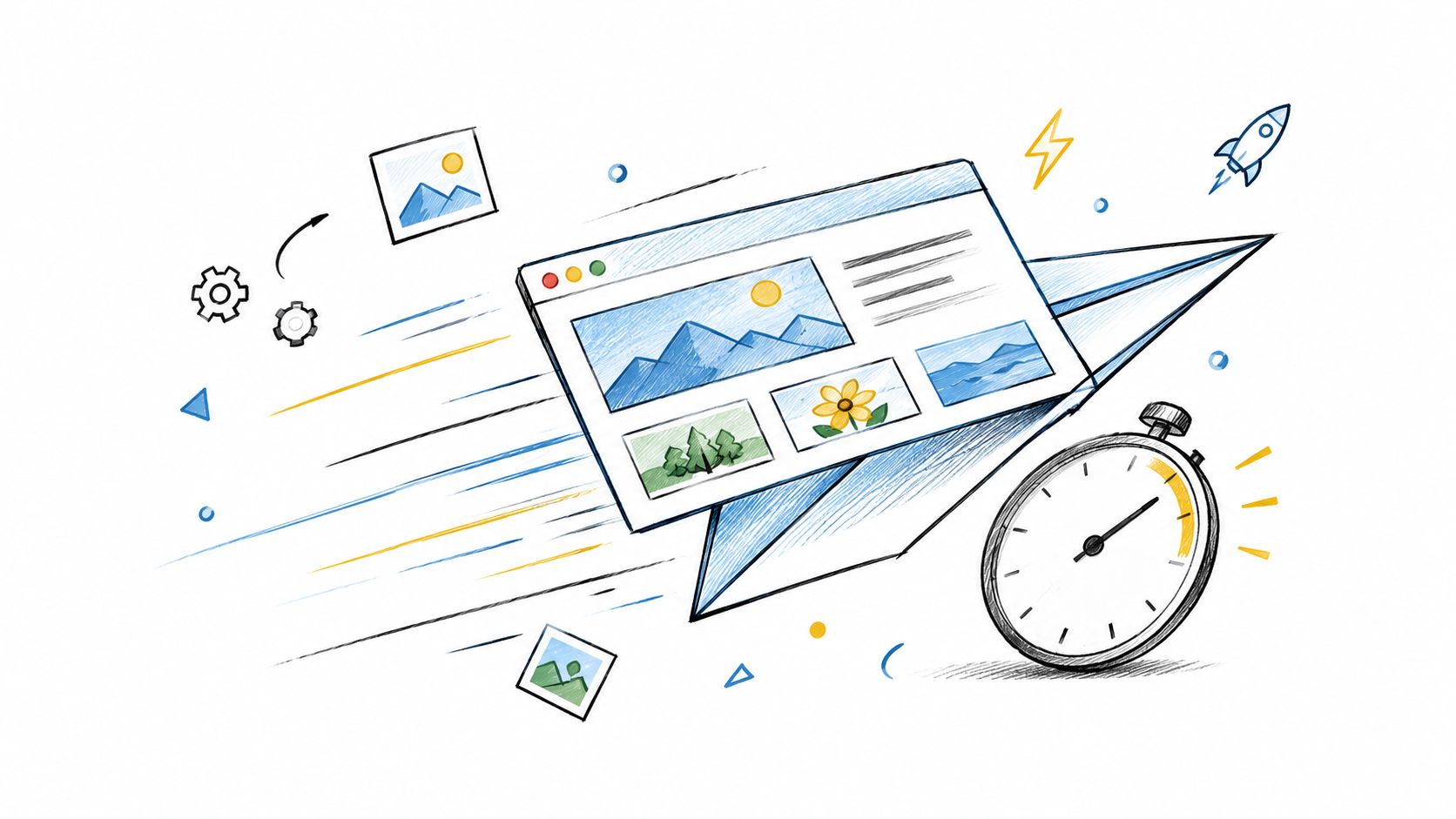 A hand-drawn illustration depicting a website page design flying like a paper airplane, symbolizing fast website performance.