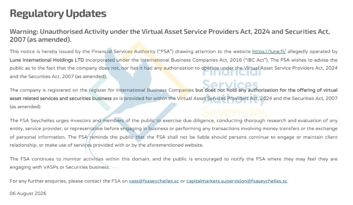 Screenshot of the Seychelles FSA warning notice against lune.fi, dated 6 August 2026