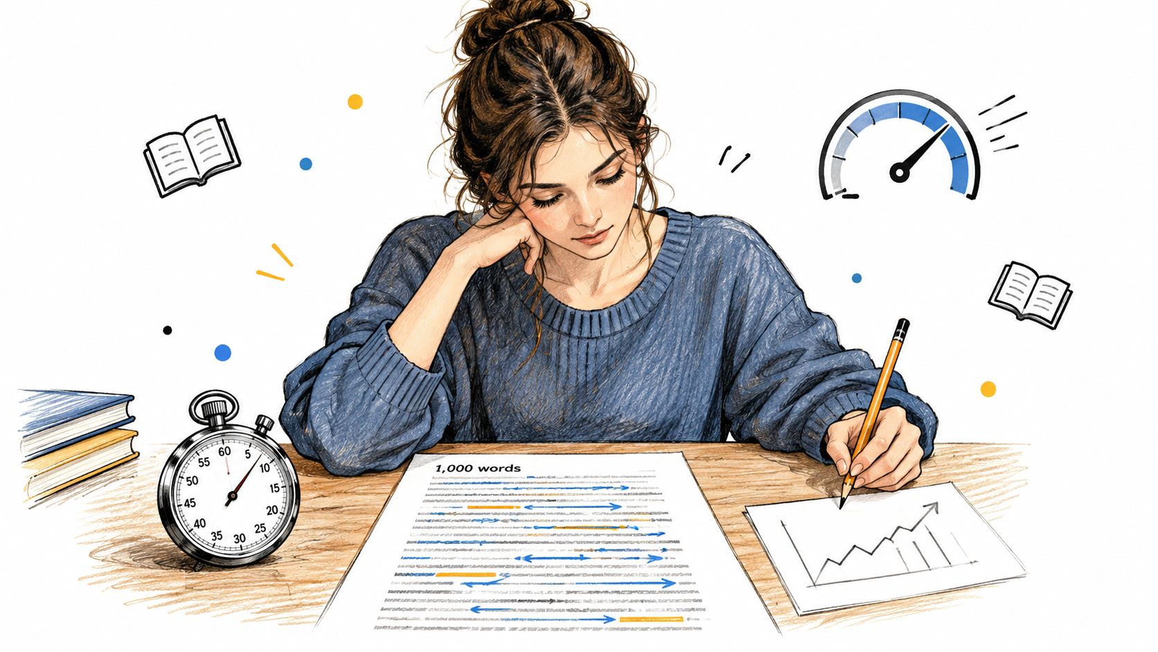 A young woman studying at a desk with books, a stopwatch, and charts, focusing on reading speed.
