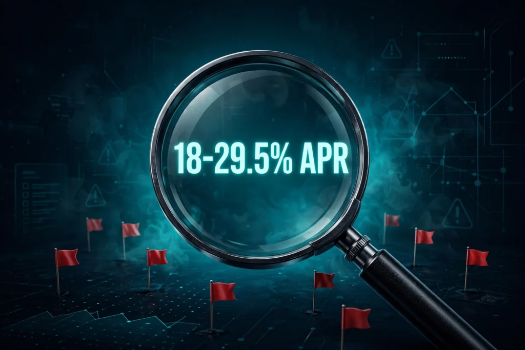 Illustration: magnifying glass over 18-29.5% APR with red flags