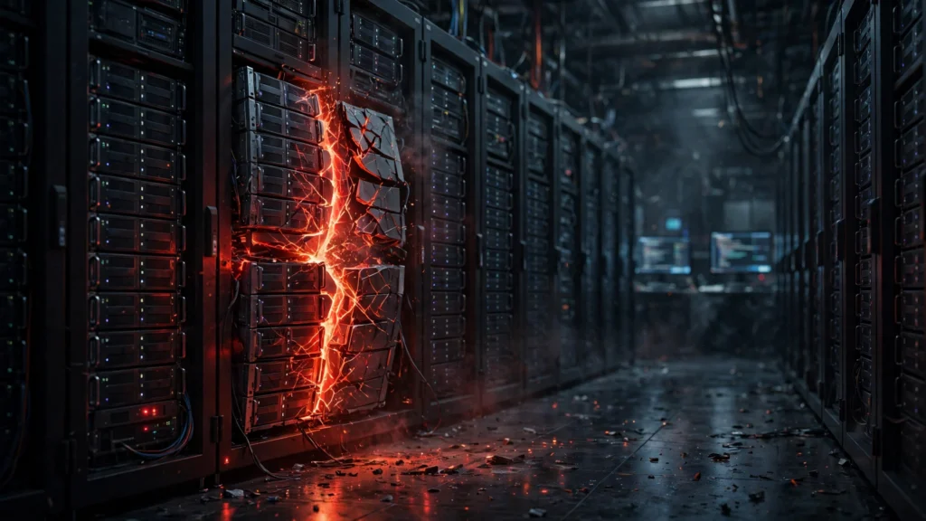 A server rack split by a glowing red crack in a dark data centre, illustrating the critical PHP2Shell vulnerabilities