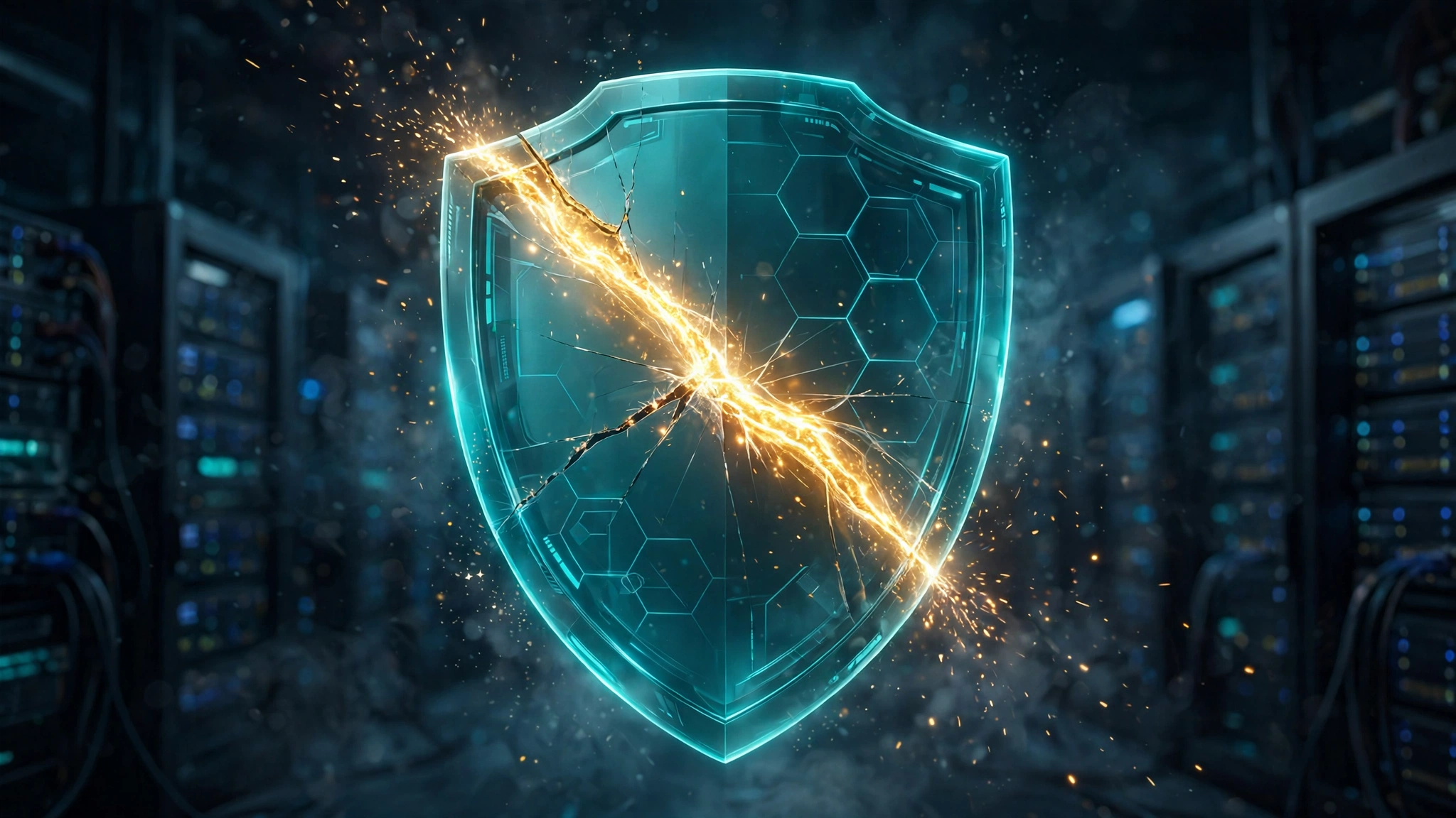 A teal shield with its crack being sealed by golden light, illustrating the PHP security patches