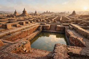 Illustration of the Mohenjo-daro ruins with the Great Bath at golden hour