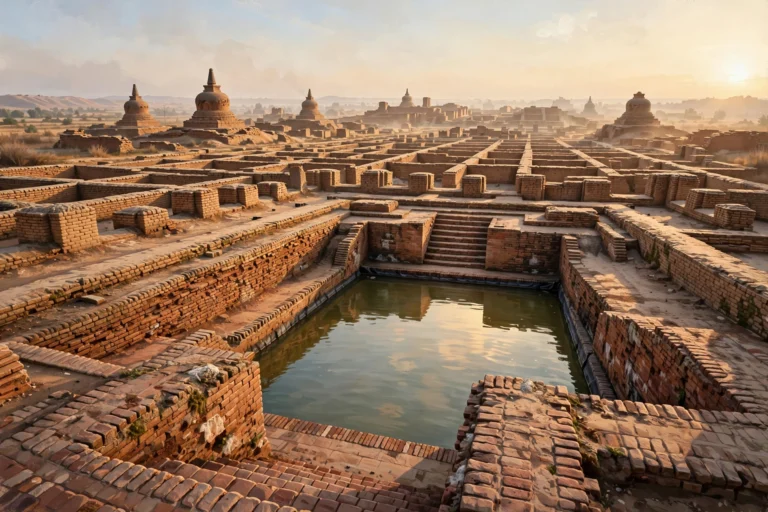 Illustration of the Mohenjo-daro ruins with the Great Bath at golden hour